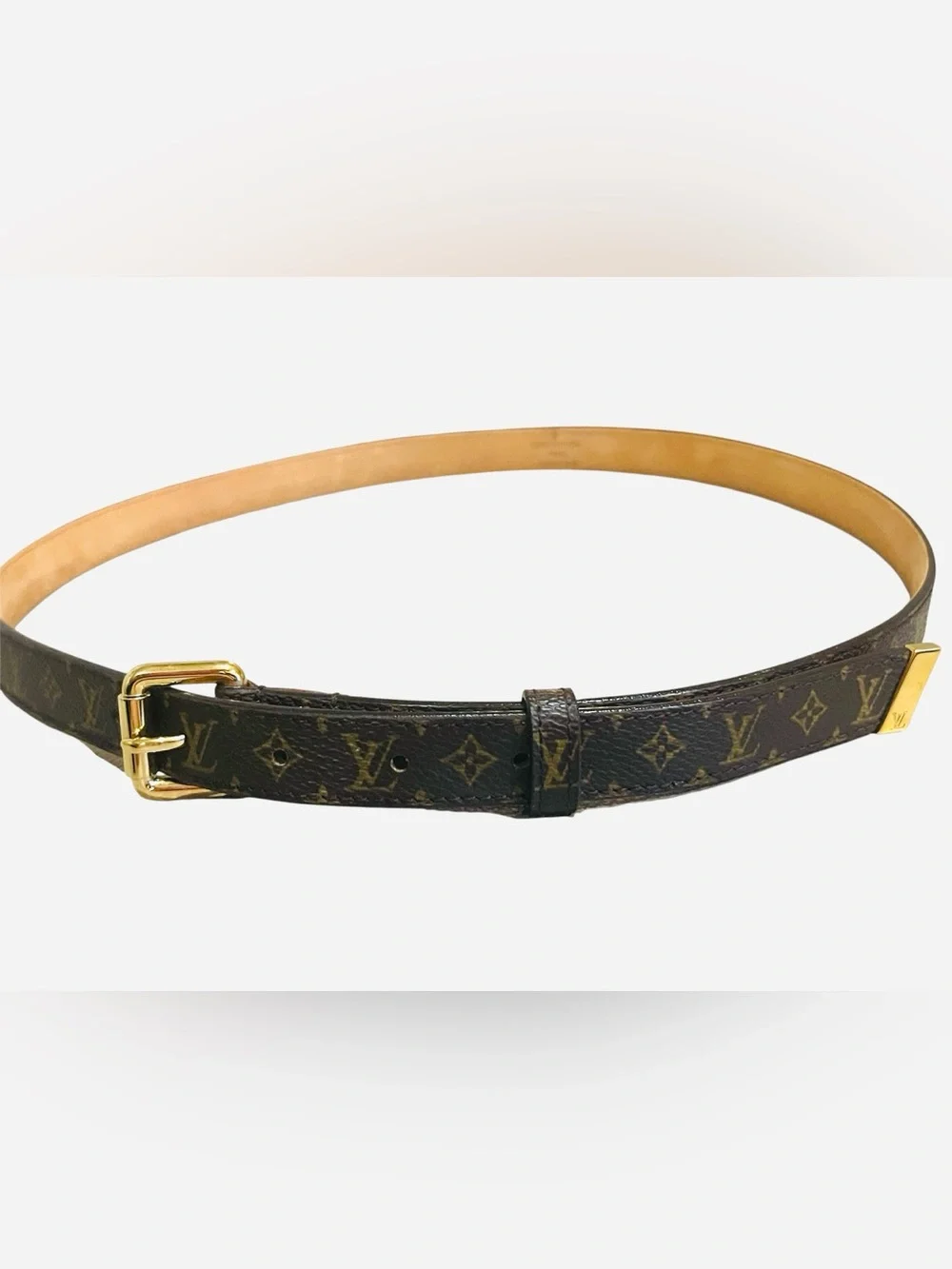 Louis Vuitton Monogram Leather Skinny Belt GoldTone Hardware LB 0093 90|36 Spain
